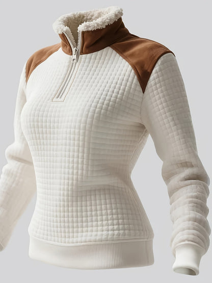 Pull matelassé Femme Col Montant Zippé Blanc Cassé Épaules Marron Effet Daim