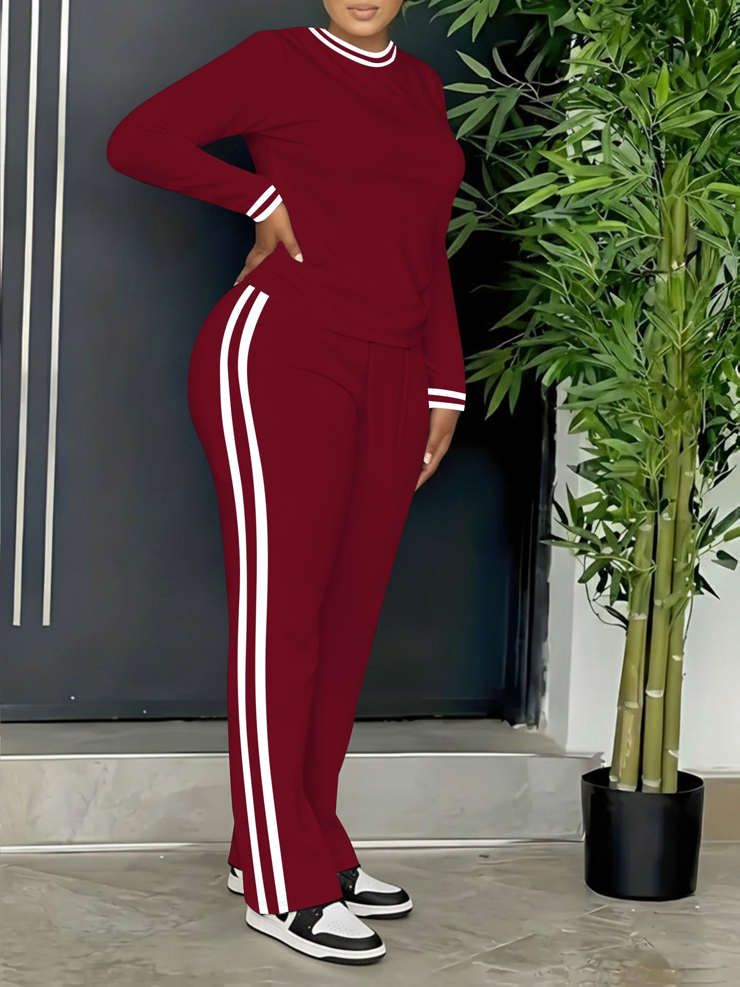 Ensemble Sport Décontracté Femme Manches Longues et Pantalon Rayures Latérales