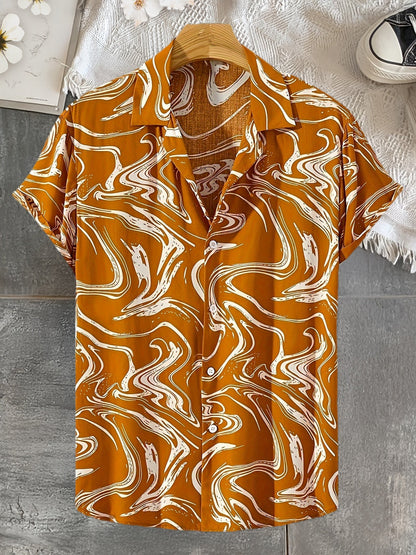 Chemise de style resort à manches courtes pour homme, motif marbré moderne, idéale pour les vacances et sorties décontractées