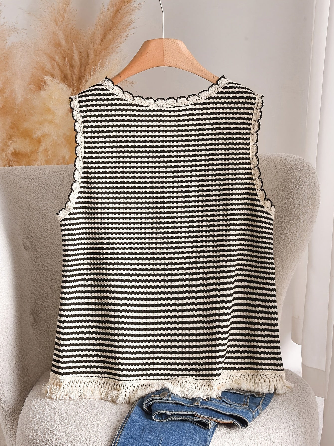 Dames tanktop grote maat elegante stijl met strepen en franjes, voor lente en zomer