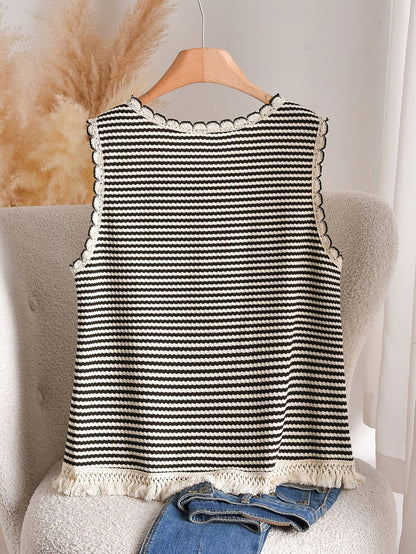 Dames tanktop grote maat elegante stijl met strepen en franjes, voor lente en zomer