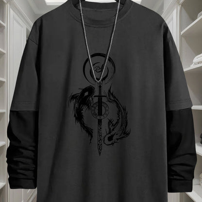 T-shirt Homme Manches Longues Bicolore Imprimé Dragon Épée
