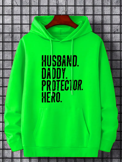 Herrtröja med huva och tryck - HUSBAND DADDY PROTECTOR HERO - Avslappnad stil Perfekt present