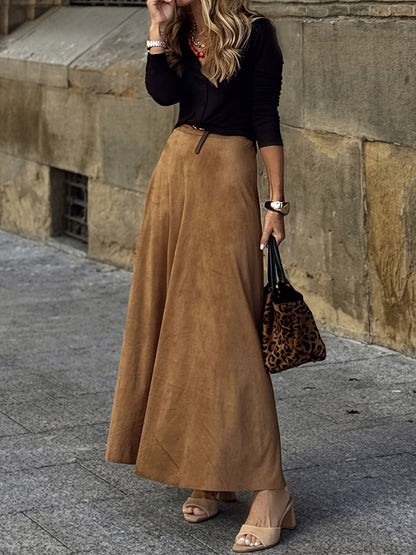 Jupe longue évasée camel style daim pour femme