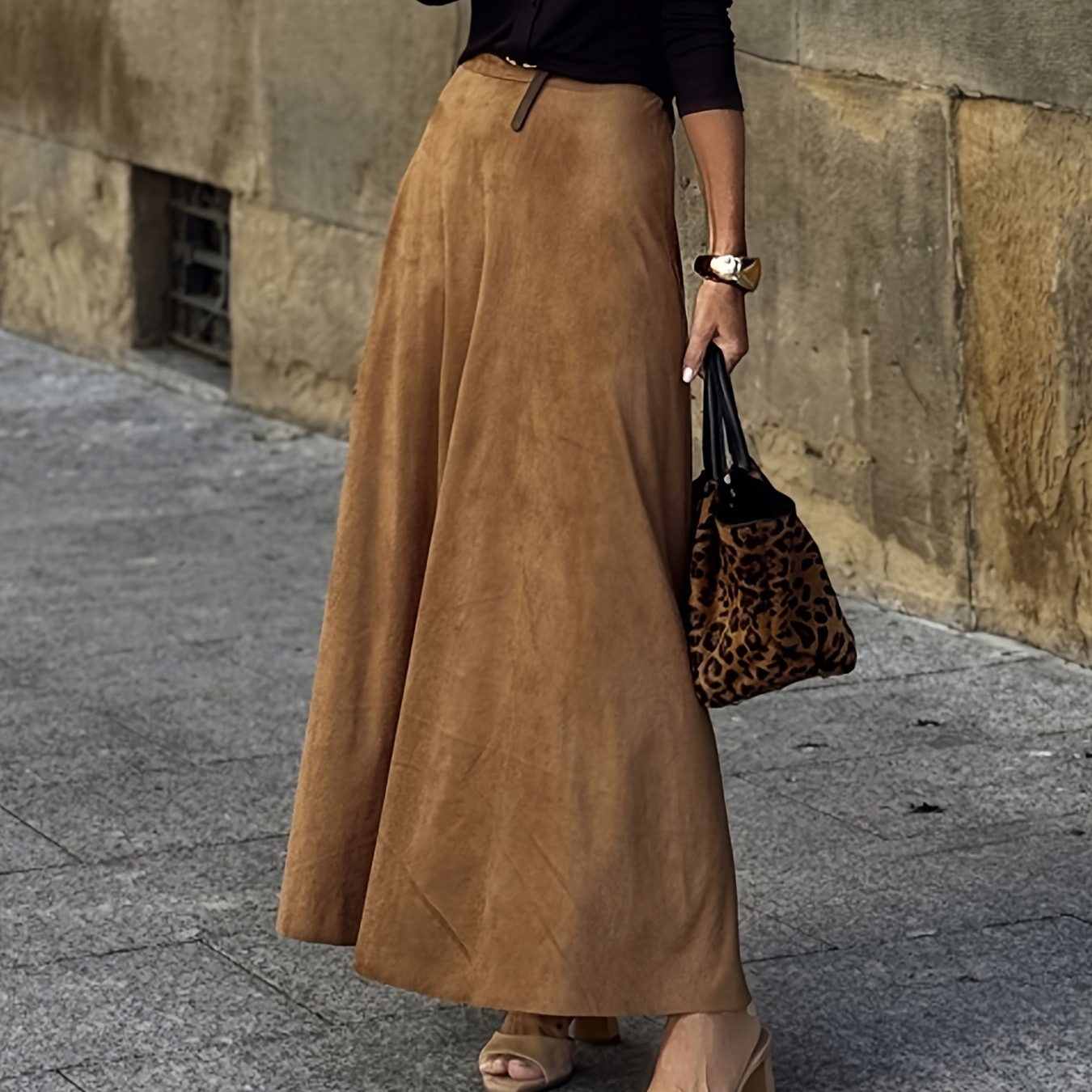 Jupe longue évasée camel style daim pour femme