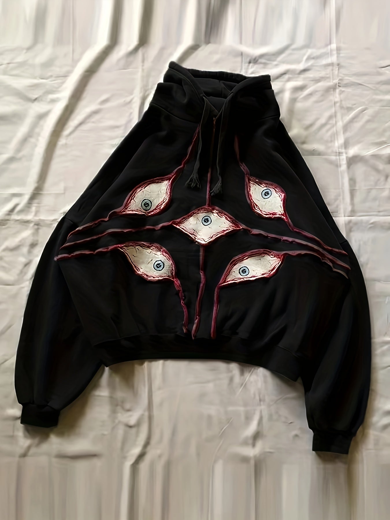 Sweat à Capuche Gris Anthracite Ample avec Motifs Yeux Stylisés