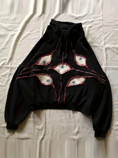 Sweat à Capuche Gris Anthracite Ample avec Motifs Yeux Stylisés