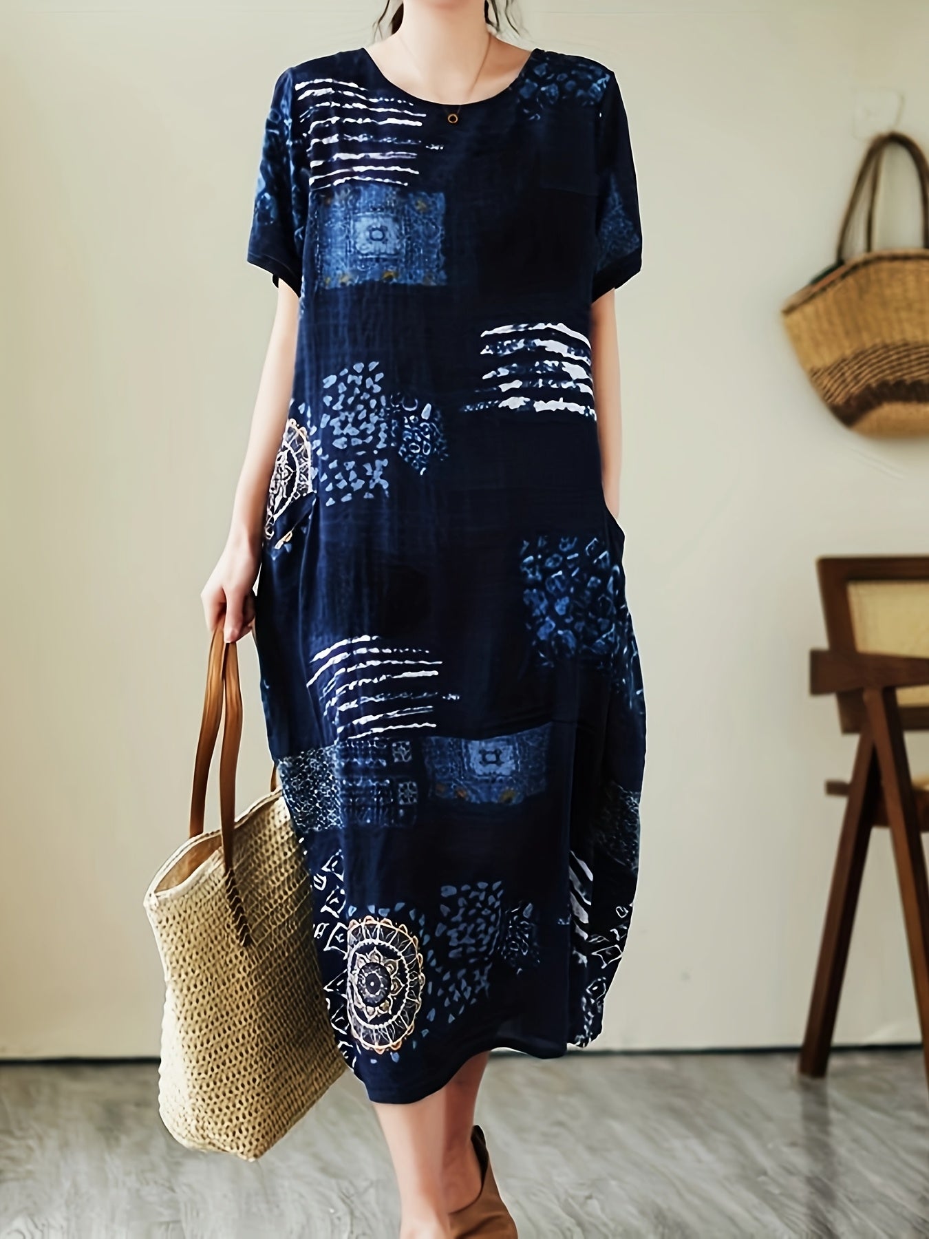 Abito casual a maniche corte da donna stile artistico bohémien ampio con stampa geometrica e botanica