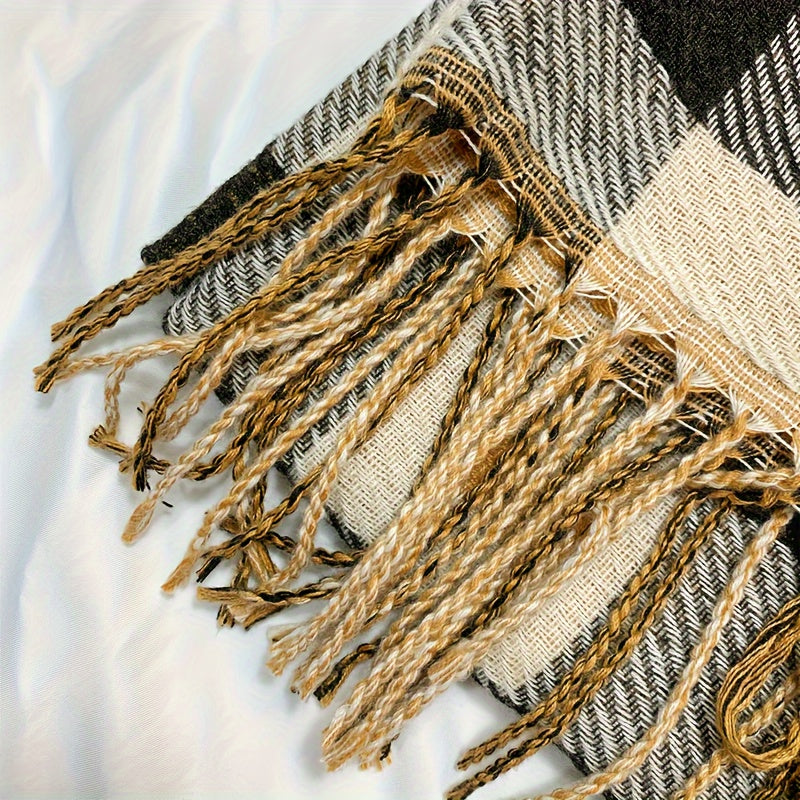 Écharpe à Carreaux et Cœurs Douce avec Franges pour Femme