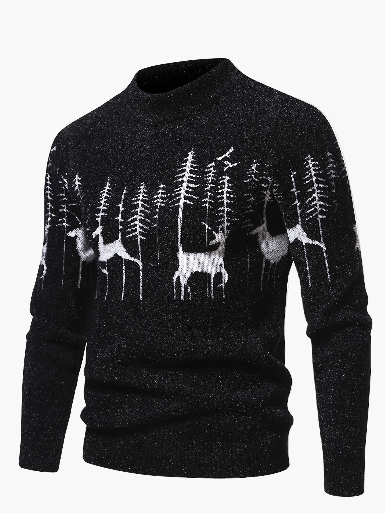 Maglione uomo stile nordico con collo rotondo, motivo cervi e foresta, inverno casual