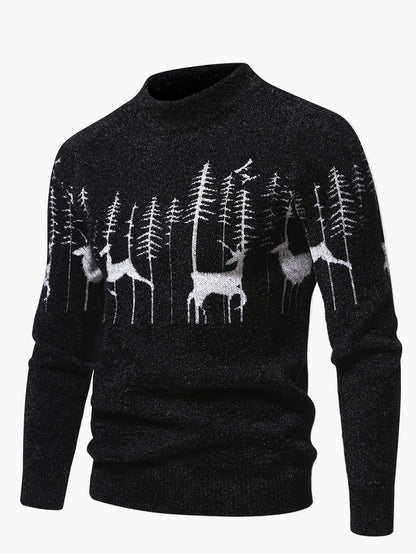 Maglione uomo stile nordico con collo rotondo, motivo cervi e foresta, inverno casual