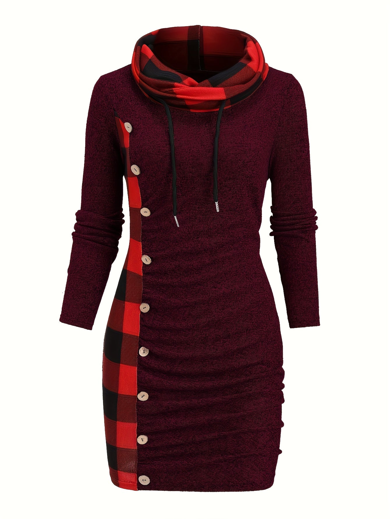Robe Pull Courte Femme avec Col Cheminée et Motif Carreaux Bicolores