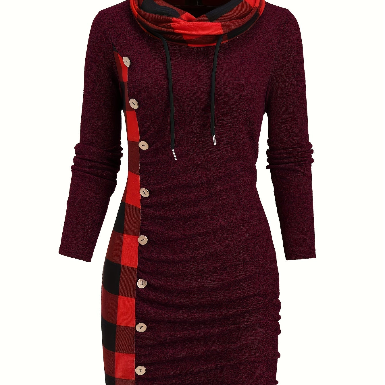 Robe Pull Courte Femme avec Col Cheminée et Motif Carreaux Bicolores
