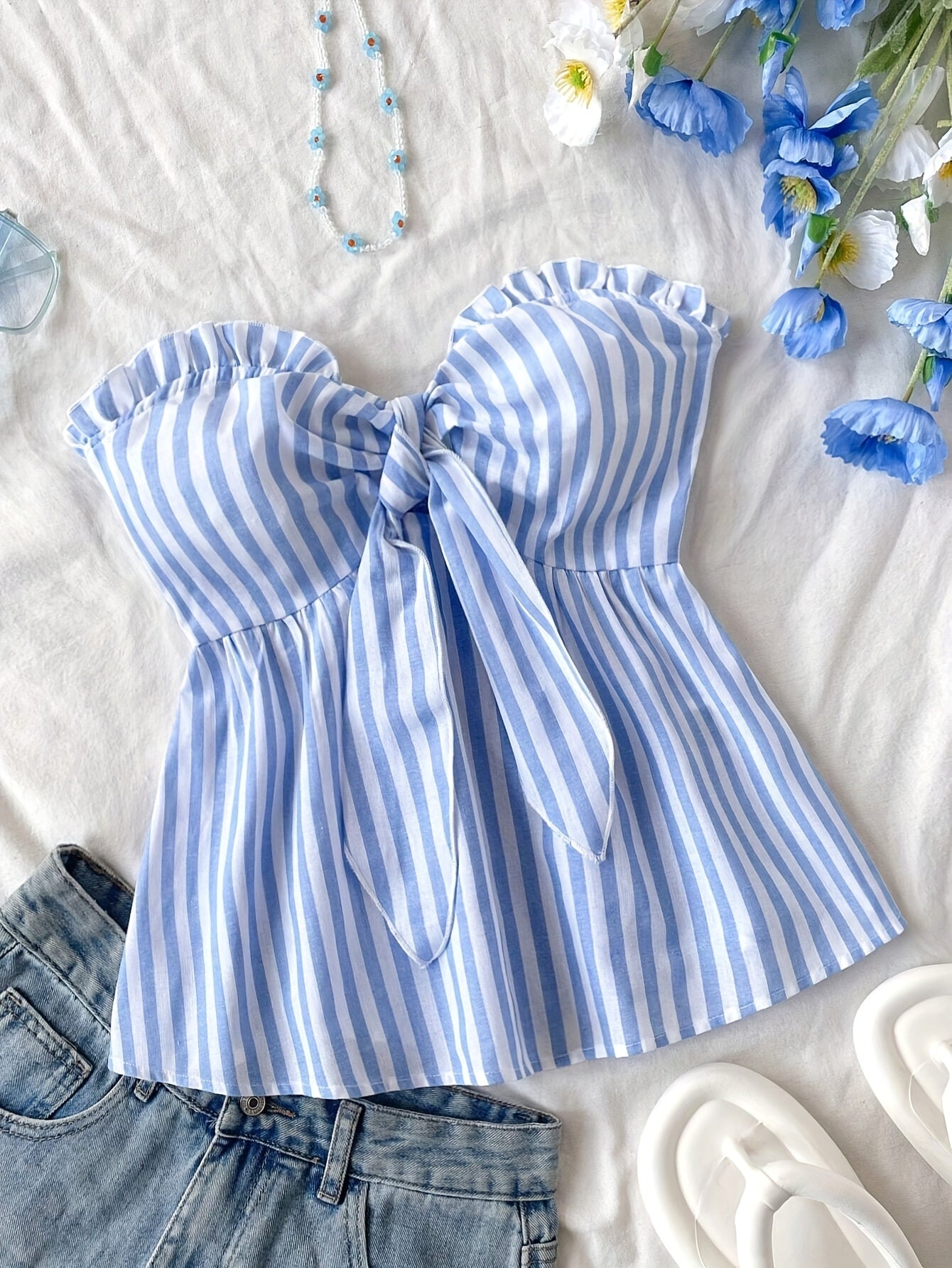 Striped tied-front bustier top casual style for women