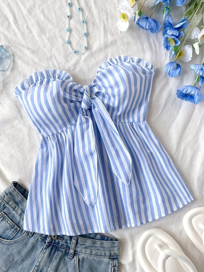 Striped tied-front bustier top casual style for women