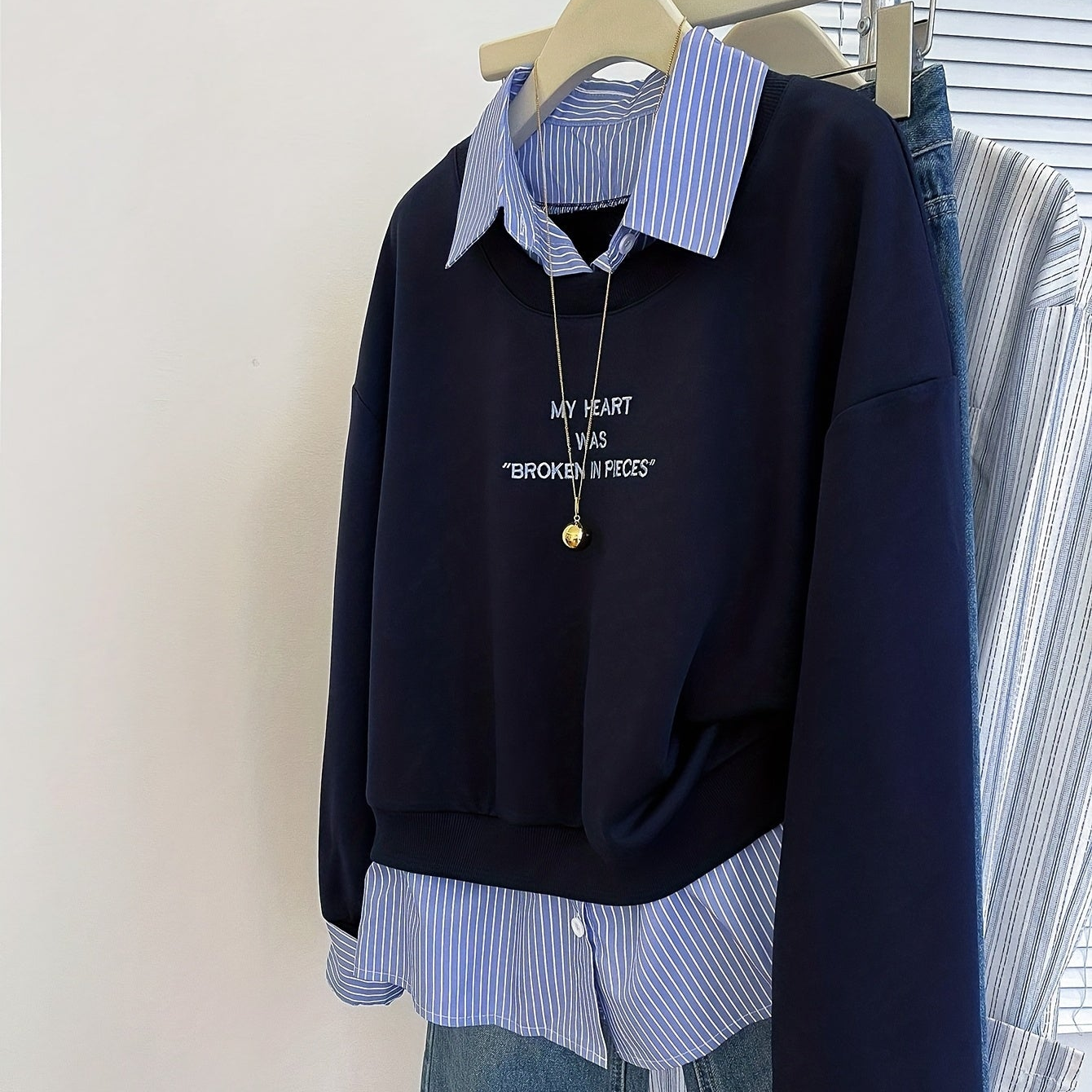 Sweat-shirt Femme à Superposition Chemise Rayée Col Classique