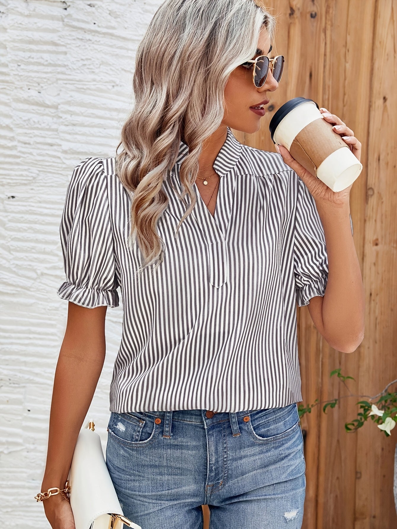 Blouse Femme Élégante à Rayures Manches Bouffantes Style Décontracté Printemps Été