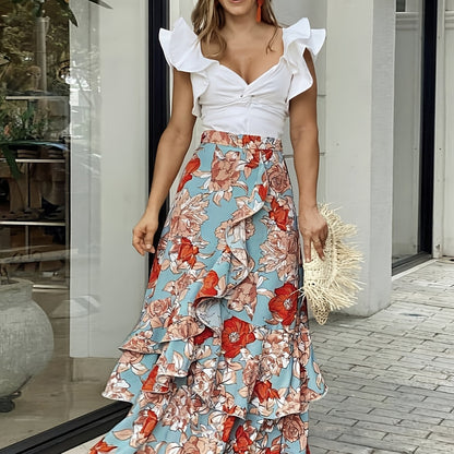 Falda larga elegante para mujer con volantes estilo cartera para verano y ocasiones especiales