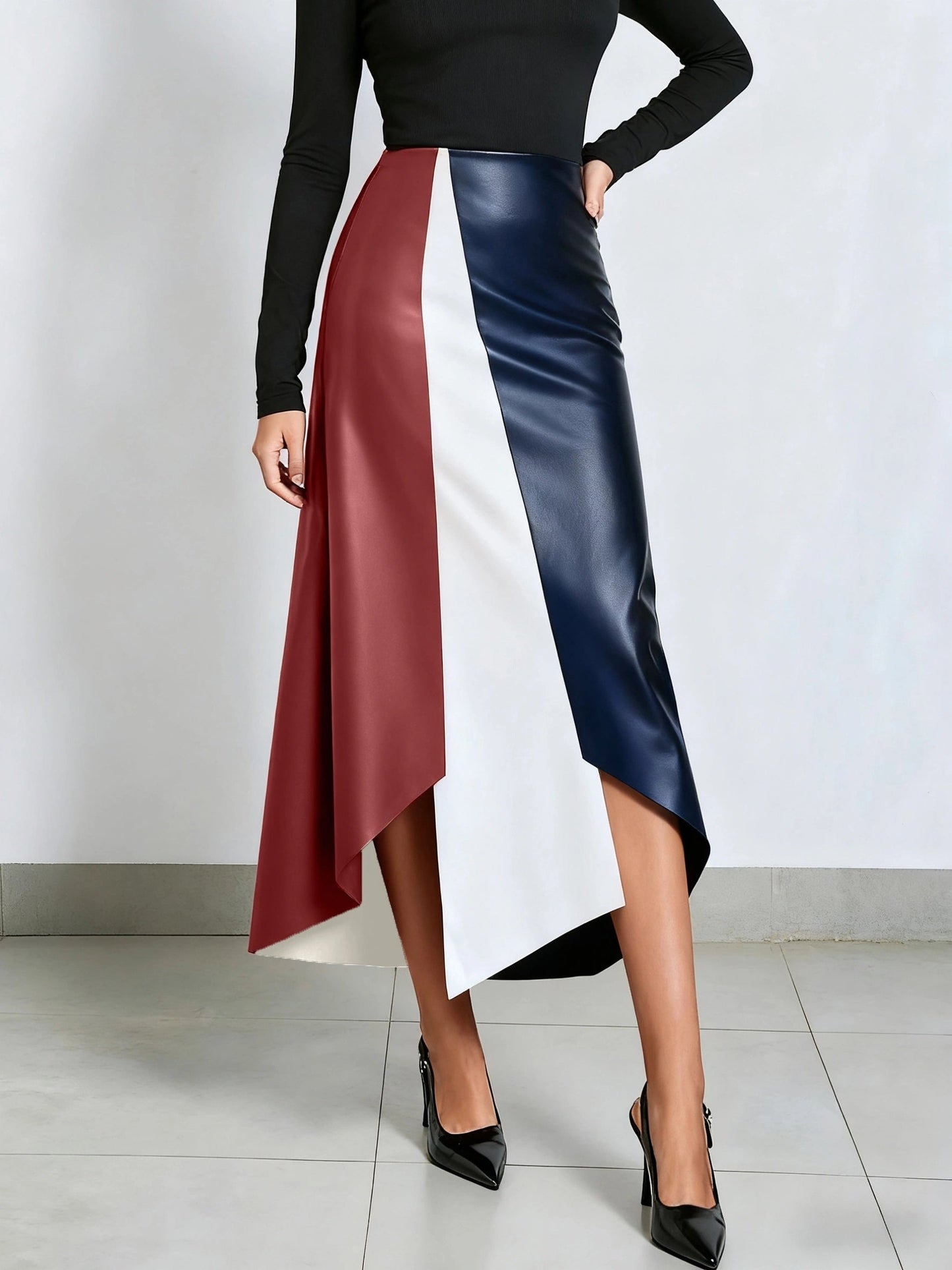 Jupe longue asymétrique femme à blocs de couleurs finition brillante