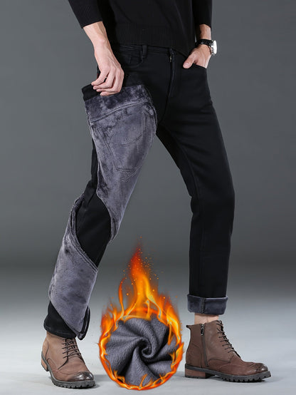 Pantalon Homme Noir Doublure Chaude Coupe Droite