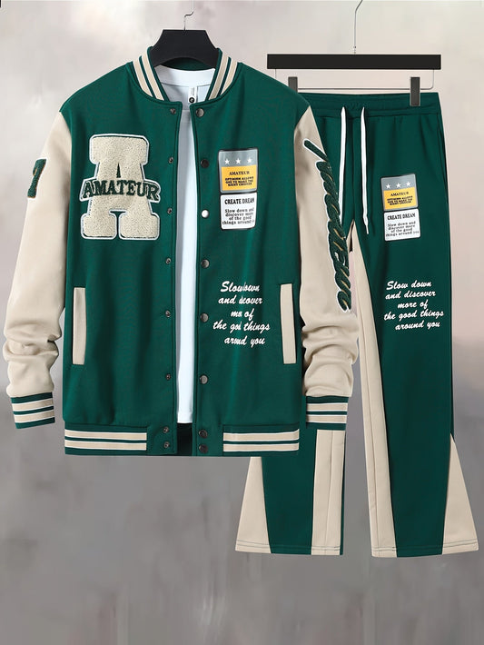 Ensemble varsity style universitaire pour homme, veste et pantalon sportswear décontracté, tendance