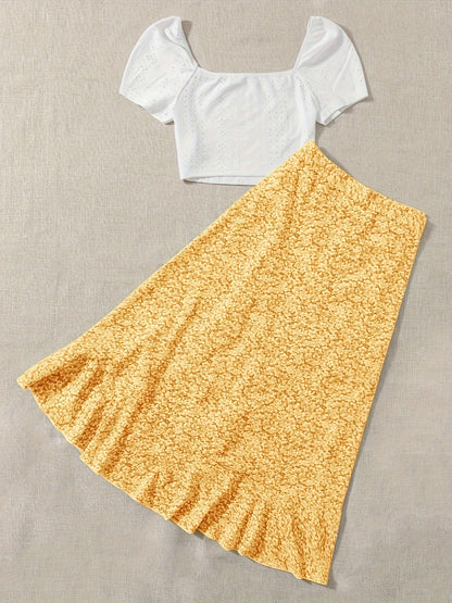 Women's Boho Chic Set – Short Sleeve Crop Top and Floral Wrap Skirt