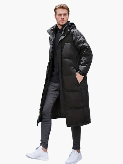 Herr lång dunjacka med huva i urban stil för en avslappnad vinter