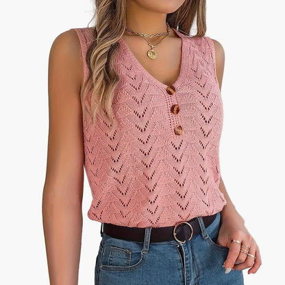 Camiseta sin mangas para mujer, elegante con cuello en V estilo vacaciones, sin mangas, botones decorativos, ideal para primavera/verano