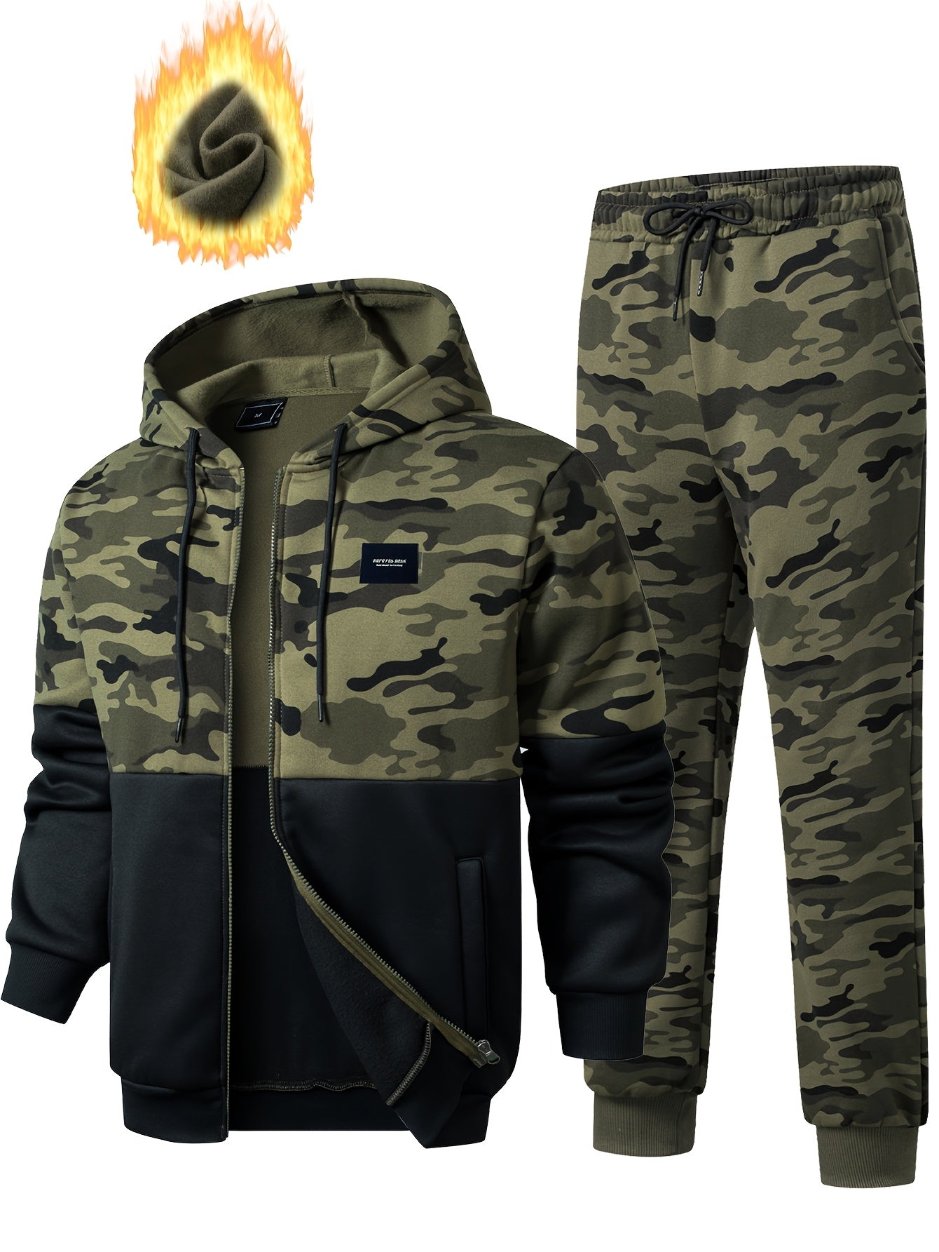 Ensemble survêtement camouflage kaki et noir homme avec veste à capuche zippée