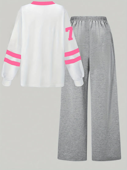 Ensemble Sport Décontracté Femme Col V Manches Longues & Pantalon Large Gris Los Angeles