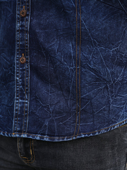 Chemise Homme Effet Délavé Bleu Foncé Manches Longues Boutons Marron