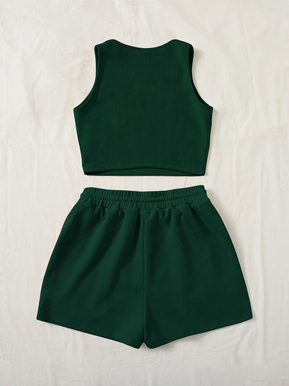 Women's Casual Set – Sleeveless Crop Top and High-Waisted Shorts for Leisure and Summer