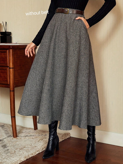 Jupe longue évasée taille haute unie gris chiné pour femme