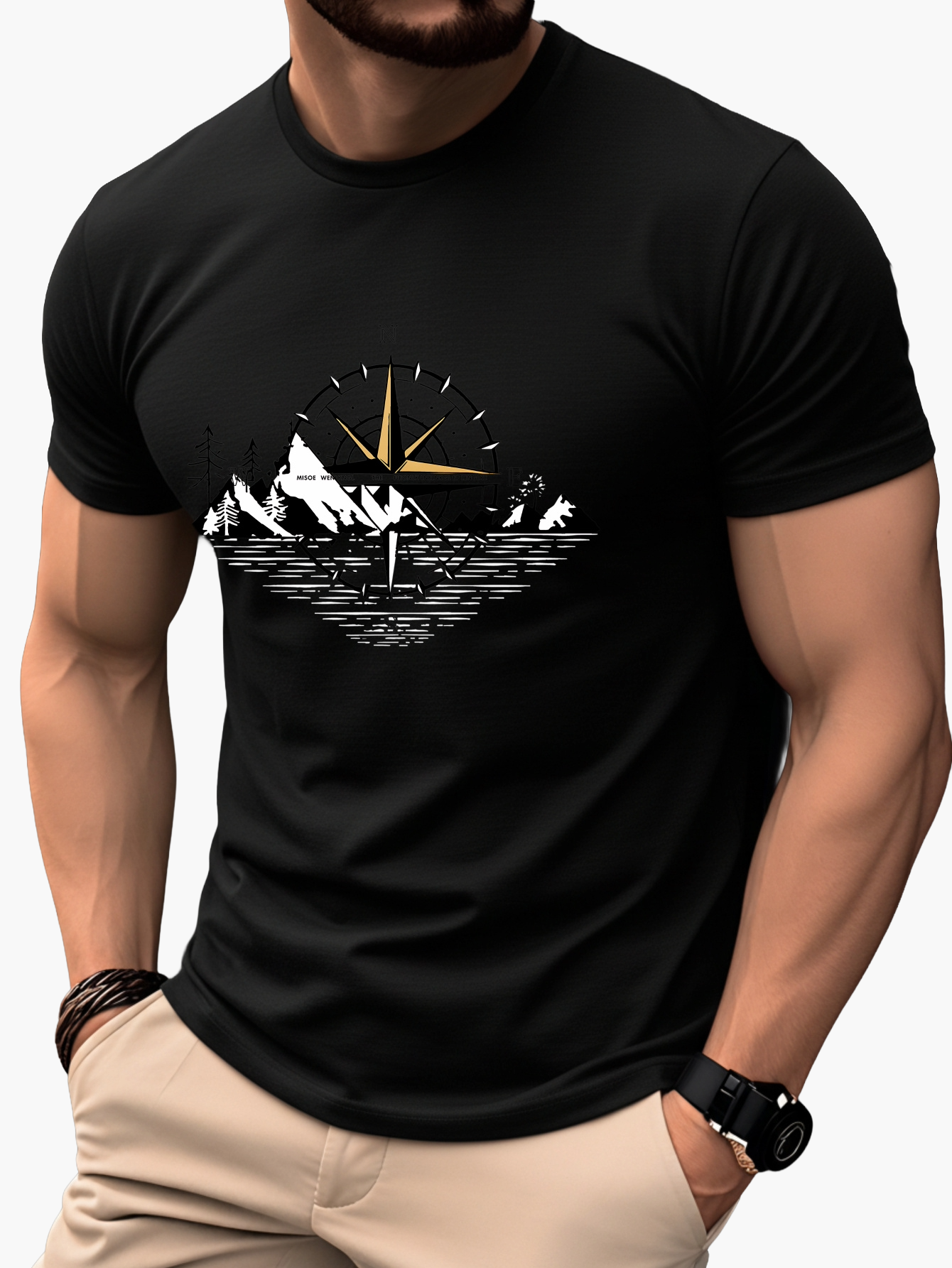 T-shirt Homme Style Aventure Montagne Boussole Graphique – Casual et Voyage