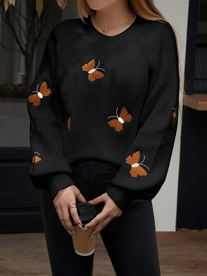 Pull femme tricoté papillons brodés manches longues - Blanc ou Noir