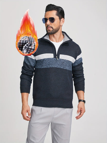 Pull homme tricoté à rayures, col montant zippé, doublure polaire beige et marron
