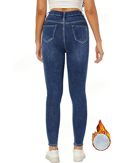 Jean slim femme bleu doublé thermique doux pour l'hiver