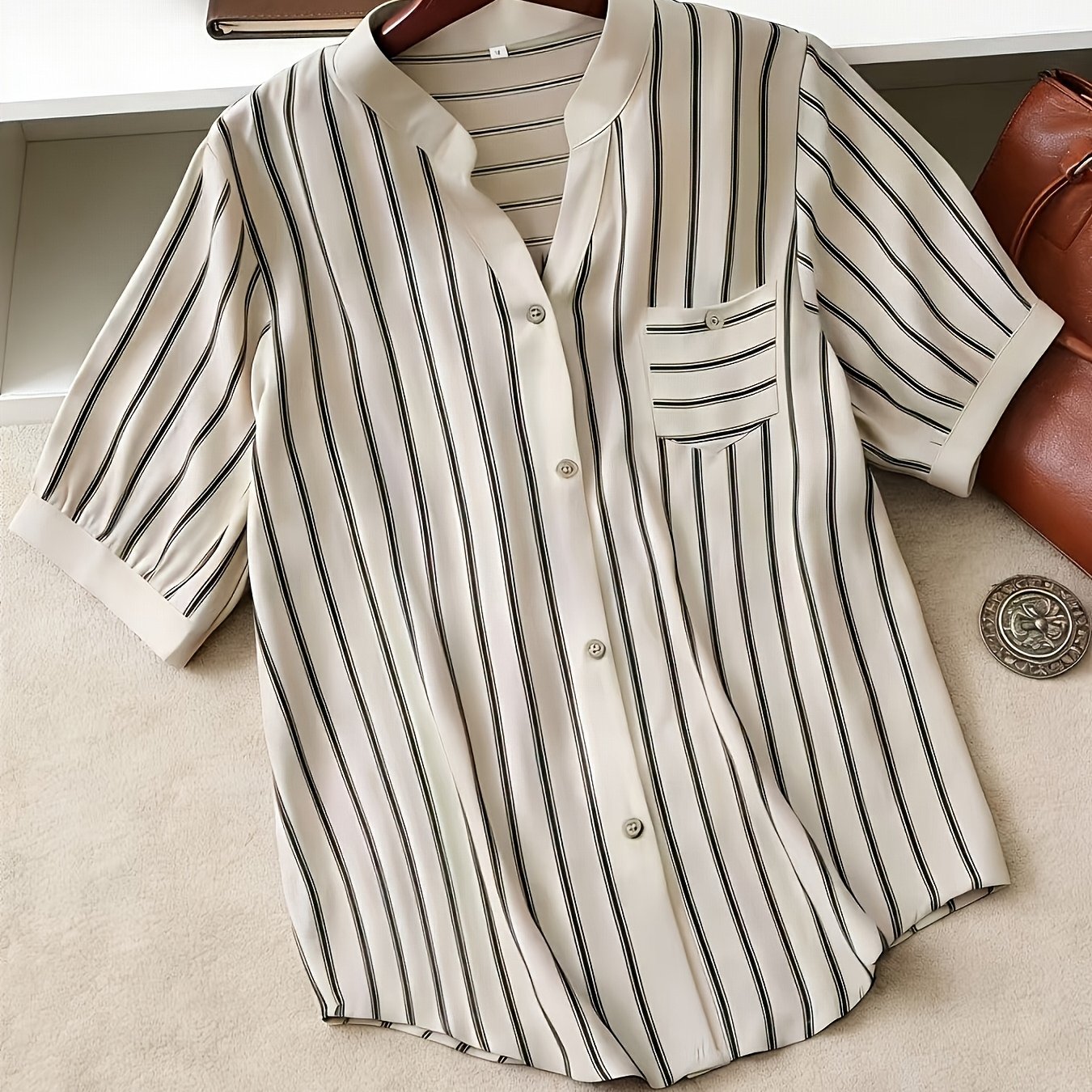 Chemise décontractée pour femme à manches courtes style boutonné col mao chic