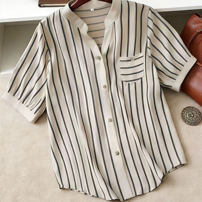 Chemise décontractée pour femme à manches courtes style boutonné col mao chic