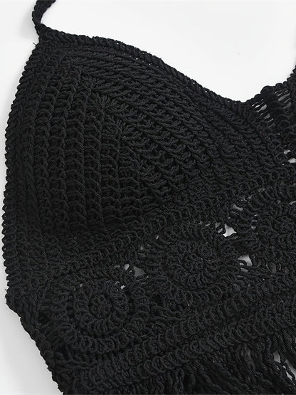 Top corto bohemio para atar para mujer estilo festival con detalles calados y flecos