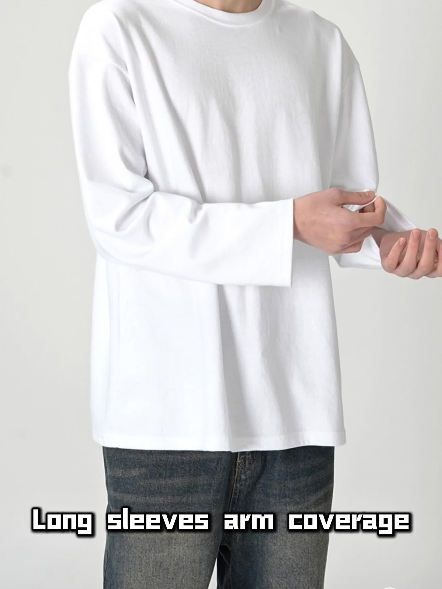 T-shirt Homme Manches Longues Uni Col Rond Ample Noir ou Blanc