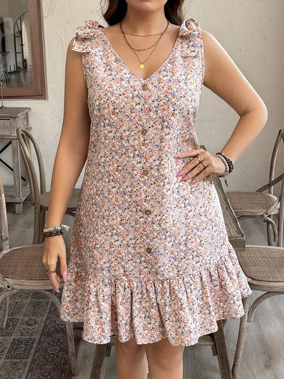 Feminint boheme-inspireret sommerkjole til udflugter, dekorative knapper, skørt med vidde, store størrelser