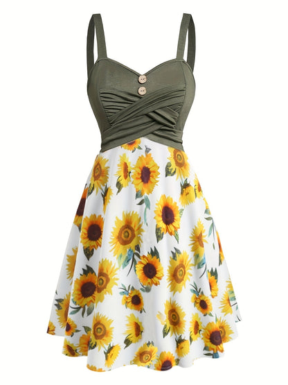 Abito vintage donna stile retrò con spalline, motivo girasole, ideale per l'estate e le occasioni informali