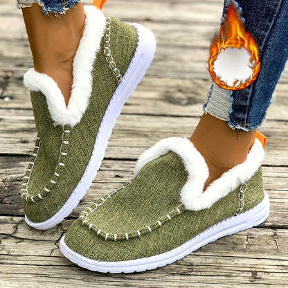 Chaussures Loafers Femme Fourrées Vert Olive Chaudes Confortables