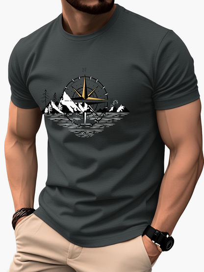 T-shirt Homme Style Aventure Montagne Boussole Graphique – Casual et Voyage