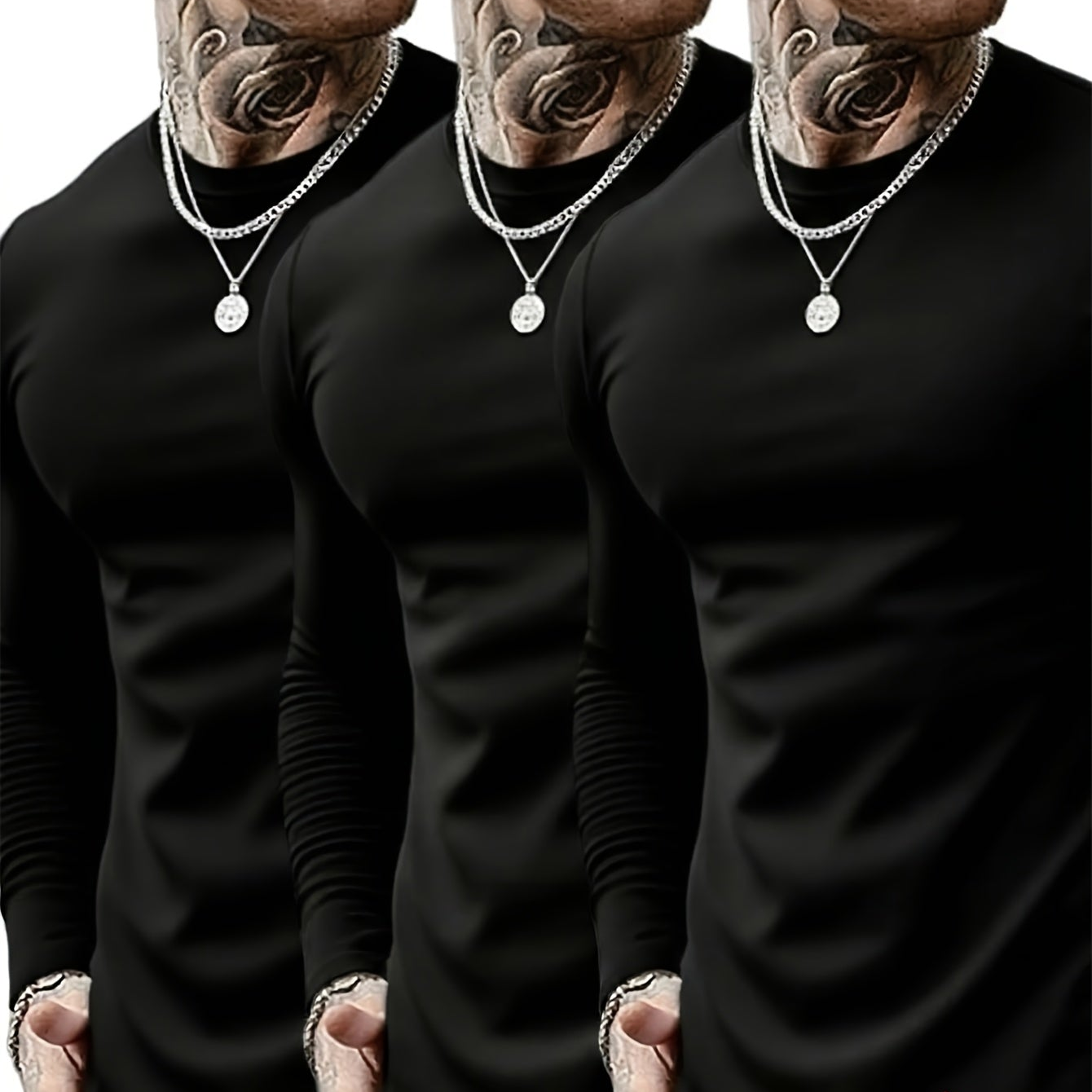 Lot de 3 T-shirts Homme Manches Longues Unis Cou Ras-du-cou Noir Gris Blanc