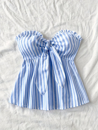 Striped tied-front bustier top casual style for women