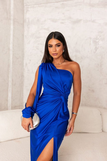 Abito da sera donna monospalla elegante stile drappeggiato per evento e cerimonia
