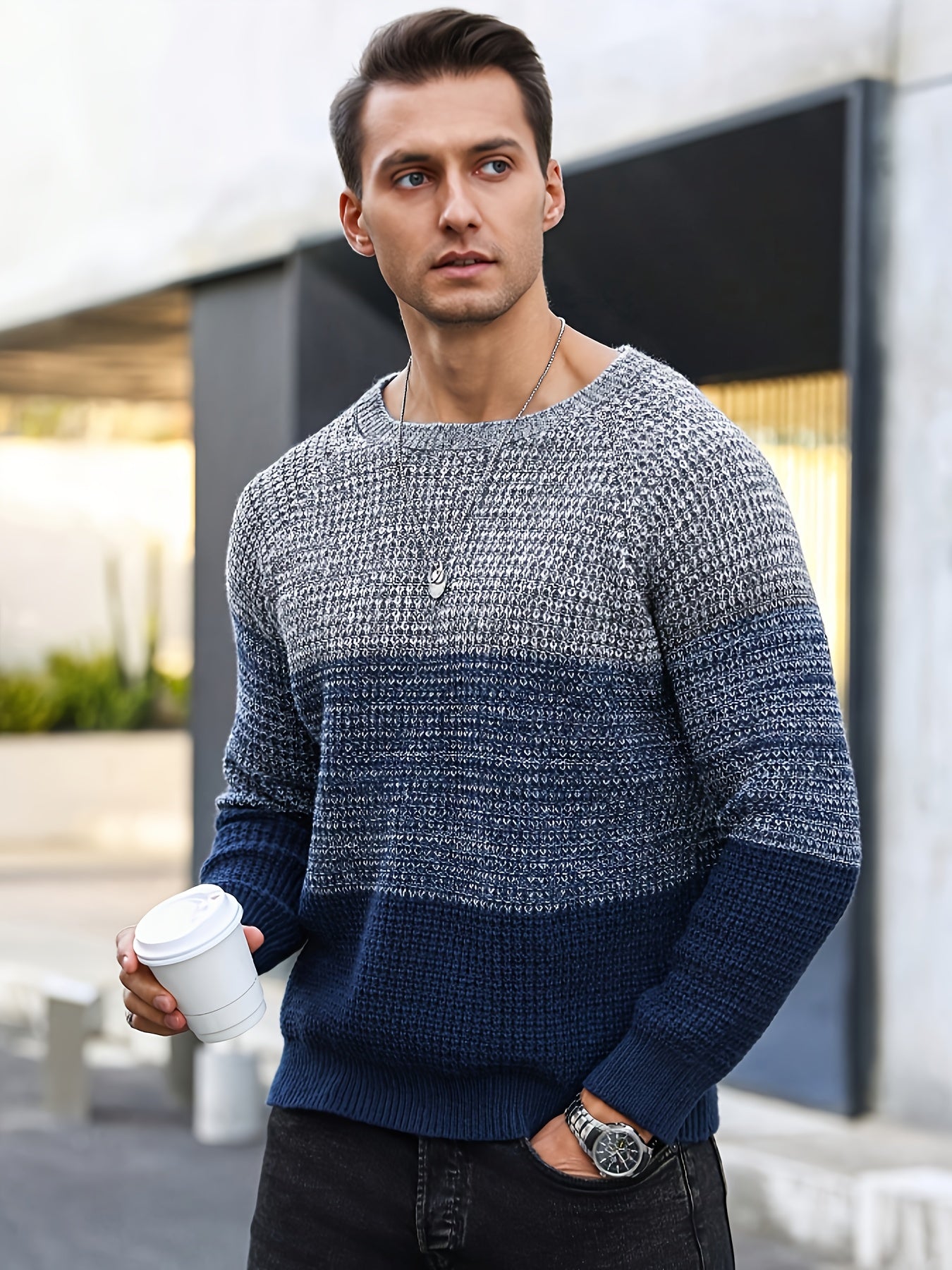 Pull Homme Col Rond Maille Texturée Tricolore Beige Marron Noir