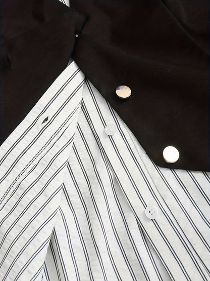 Ensemble chemise rayée blanche et noire avec gilet sans manches boutonné pour femme
